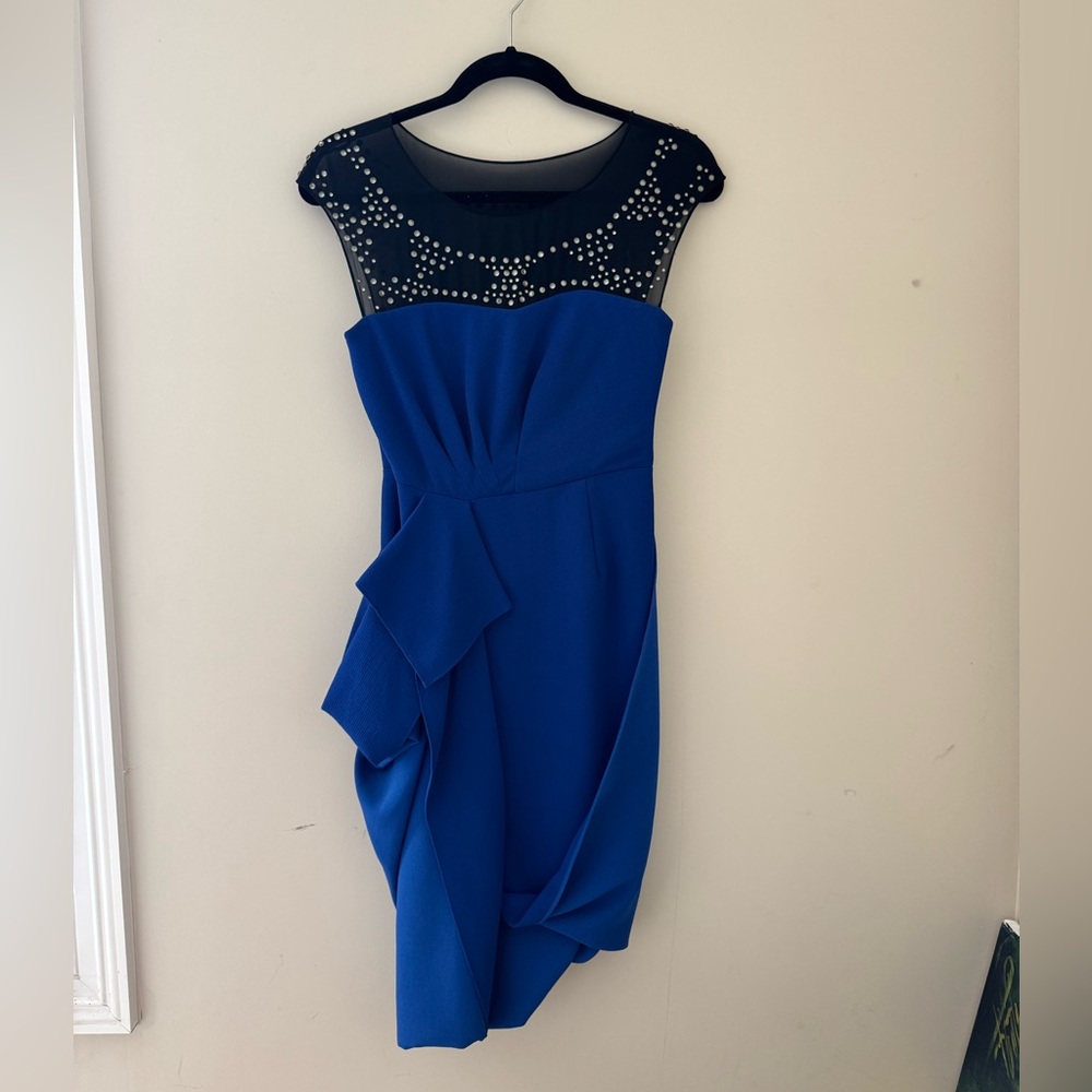 BCBGMaxAzria Royal Blue Embellished Illusion Midi Dress